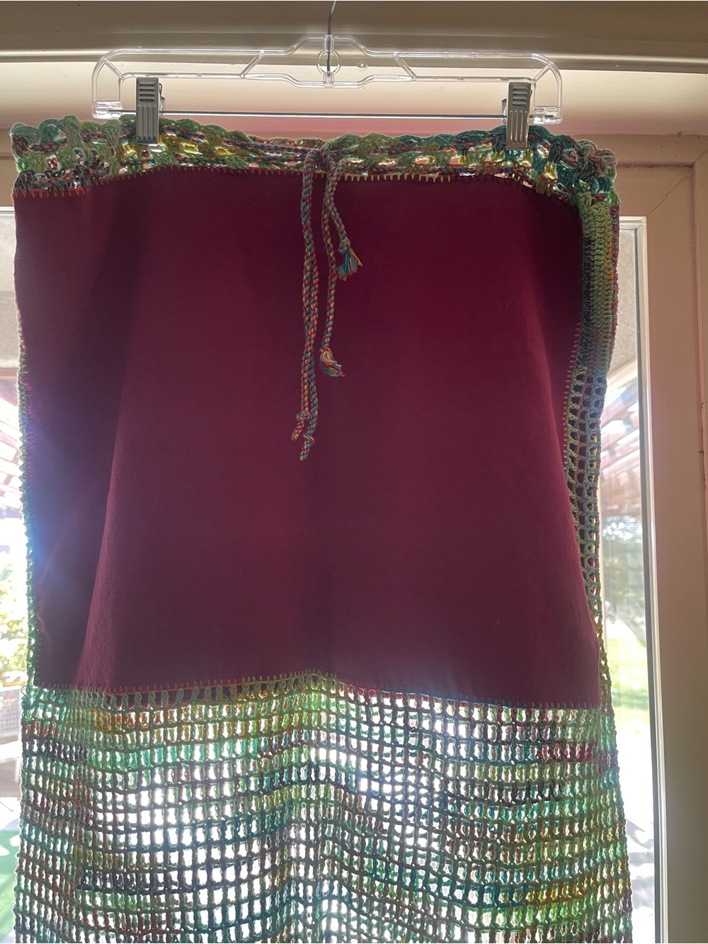 Source Unknown Burgundy Pencil Skirt with Multicolor Crochet Trim. Boho